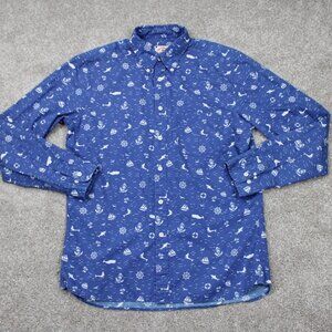 Brooks Brothers Red Fleece AOP‎ Shirt Mens Medium Blue Nautical All Over Print